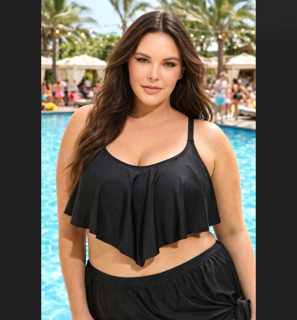 Torrid Bikini Top 2X 18 20 Black V Flounce Wireless UPF Swim Vacation Resort NWT